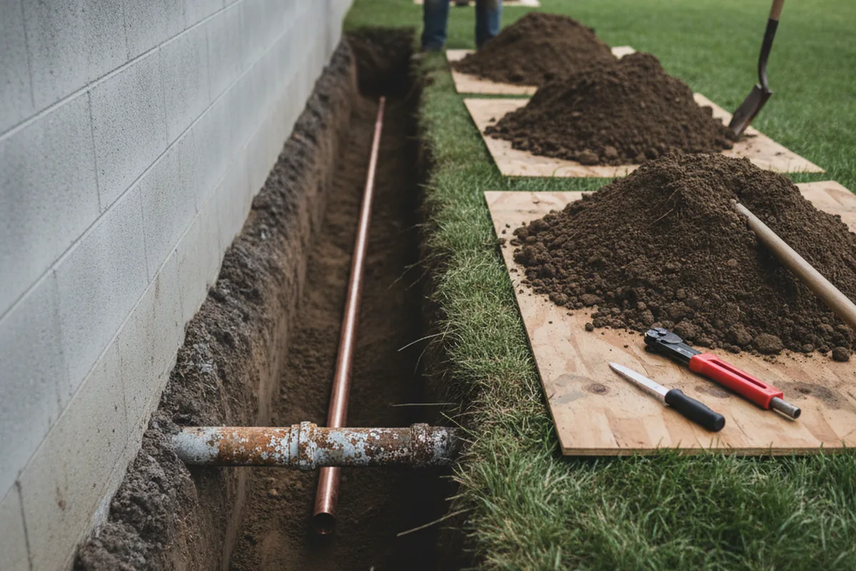 Excavated water line trench during Sewer Line Repair in Doyle